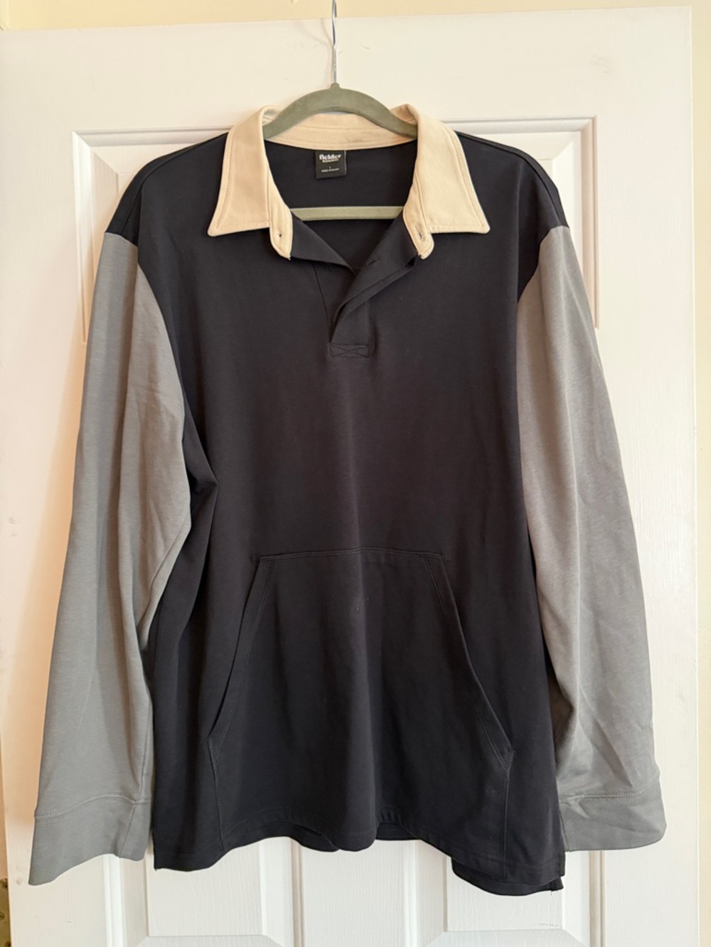 Bonobos Black Body Long-Sleeve Fielder Rugby Polo w/ Gray Sleeves& Cream Collar